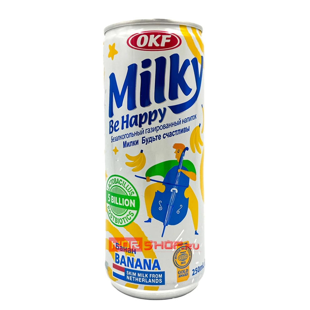 Напиток газированный безалкогольный Банан Милки Би Хэппи Milky Be Happy OKF, Корея, 250 мл. Срок до 07.11.2026.Распродажа